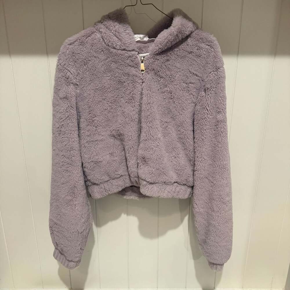 Motel Rocks Purple Faux Fur Cropped Zip-Up Hoodie Jacket XS